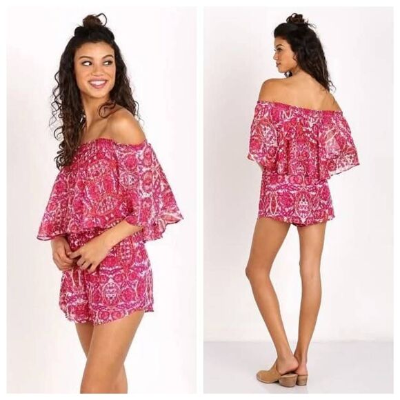 Show Me Your Mumu Rosarita Romper Women's Small Pink Red Floral Off the Shoulder - Picture 1 of 8